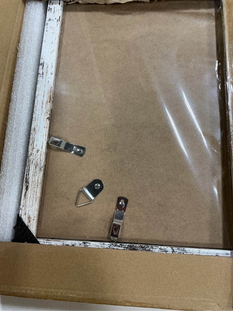 Condition photo showing Good Condition for 16x24 Frame Set of 2, Distressed White Wood Style - Display 16 x 24 Picture without Mat or 12x18 Picture with Mat, Wall Mounting Horizontal and Vertical Distressed White 16x24 in