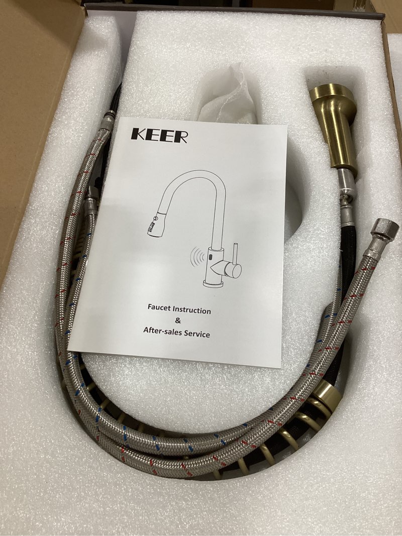 Condition photo showing As Is for Touchless Kitchen Faucet ? KEER Smart Motion Sensor Hands Free Single Handle Spring Kitchen Sink Faucet with Pull Down Sprayer,Matte Black Gold Thouchless Matte Black Gold