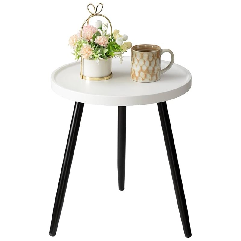 danpinera Round Side Table, Metal Legged Accent Table with Wooden Tray, Small Round End Table for Living Room, Bedroom, Nursery, White & Black