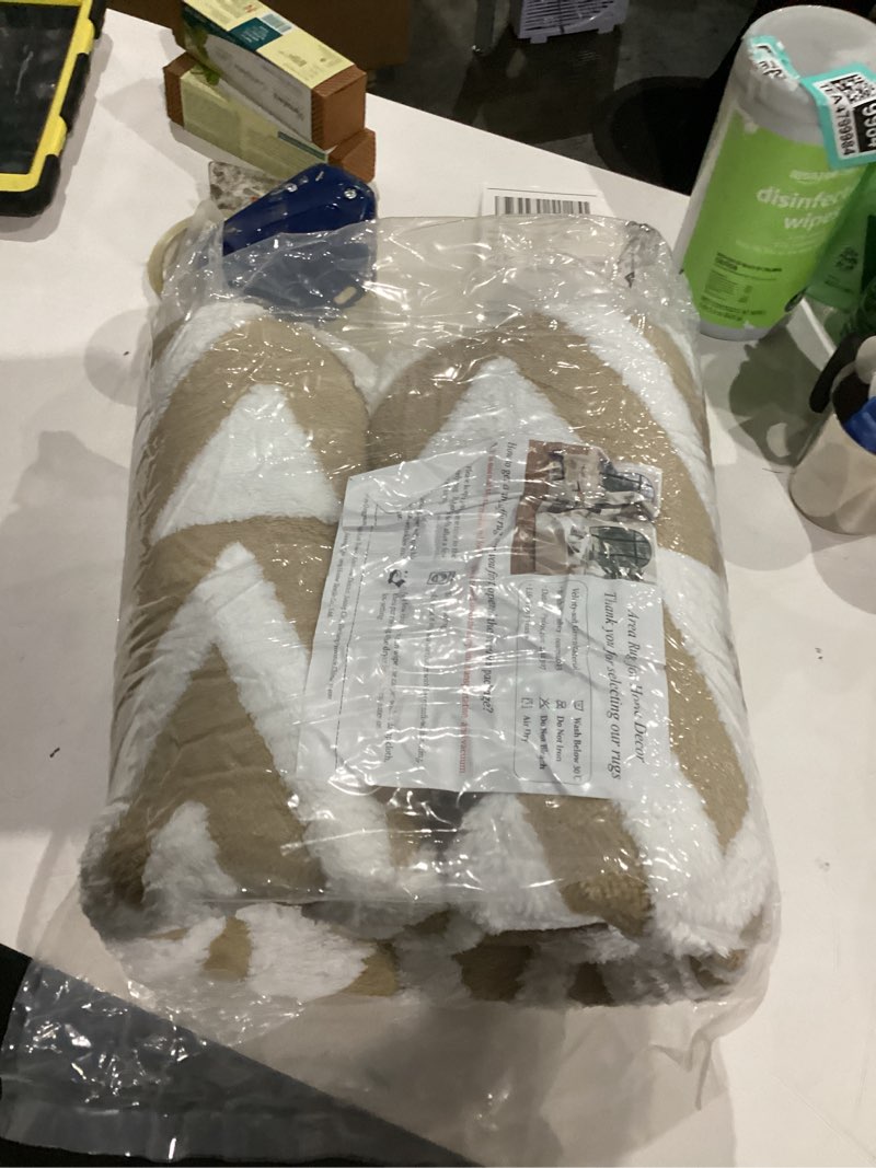 Condition photo showing As Is for Ompaa Ultra Soft Shaggy Rugs Memory Foam Bedroom Carpet, Beige 4 x 6 Feet, Plush Geometric Textured Area Rugs for Living Room Couch Dorm Bedside Kids Girls Teens Room Nursery Decor Floor Mat