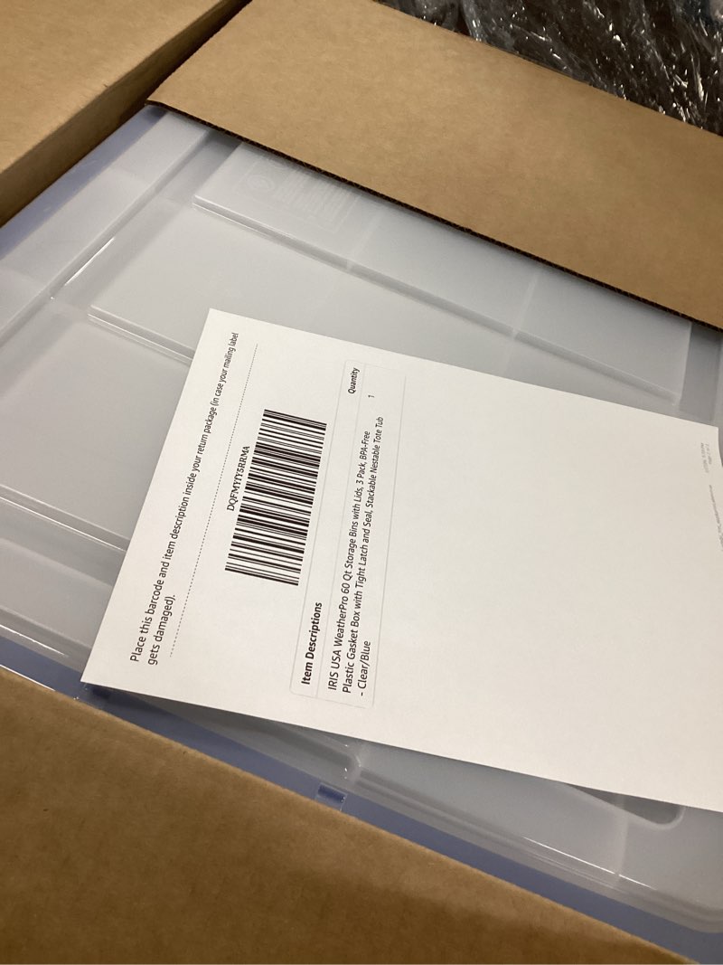Condition photo showing New/Like New for IRIS USA 60 Quart WEATHERPRO Plastic Storage Box with Durable Lid and Seal and Secure Latching Buckles, 3 Pack, Weathertight, Keep Pest Dust and Moisture Out, for Oversized Bulky Items, Clear/Blue 60 Qt. - 3 Pack