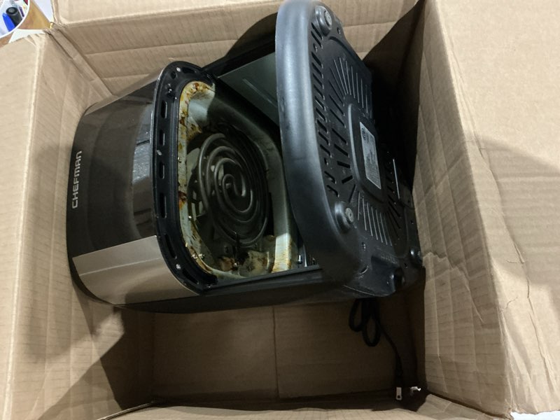 Condition photo showing As Is for chefman air fryer 8 qt | turbofry® 4-in-1 with 450°f hi-fry option for crispier results | bake, dehydrate, frozen | xl nonstick dishwasher-safe basket | stainless steel