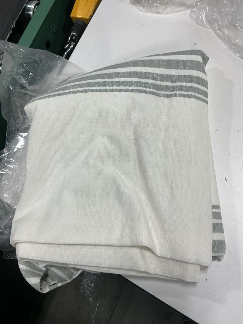 Condition photo showing Good Condition for quince coastal stripe linen cotton curtain - single panel 48*96 inc color ivory/ sage green 