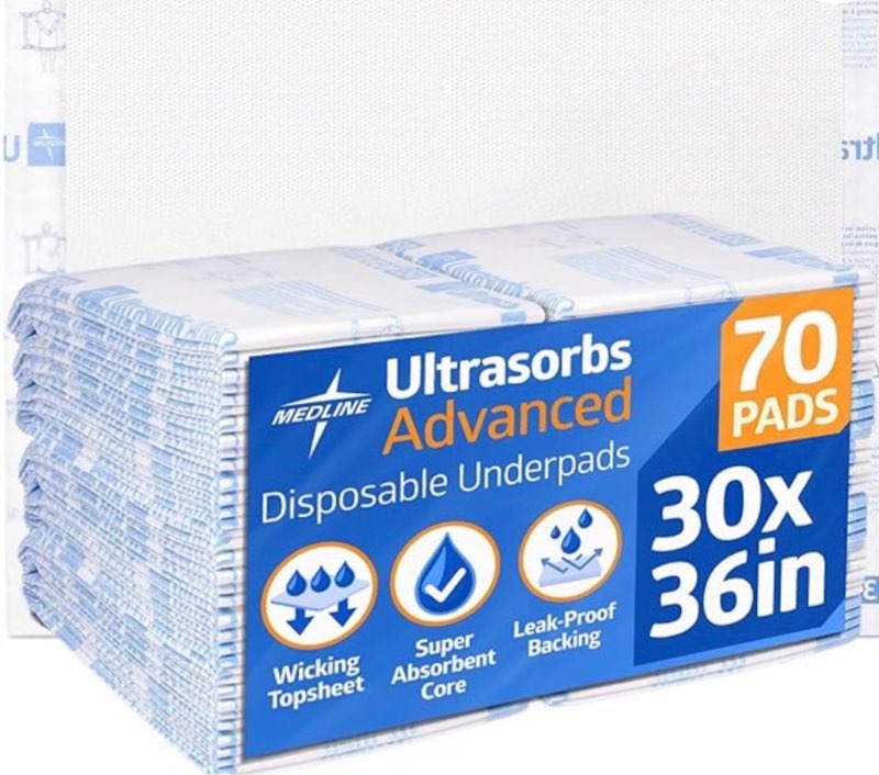 medline ultrasorbs advanced extra strength drypads, 30" x 36", 70 count, super absorbent disposable pads, incontinence bed pads, chucks bed pads, elderly, 350 lb repositioning capacity