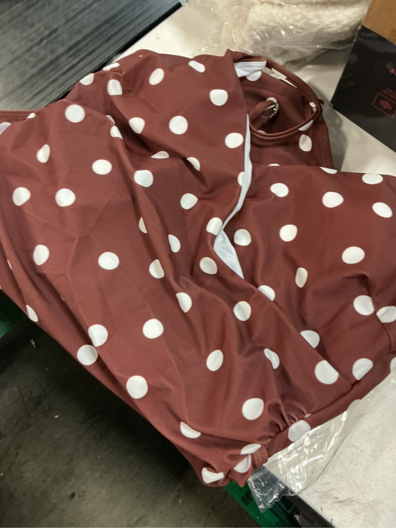 Condition photo showing Good Condition for suuksess women sexy wrap push up one piece swimsuit tummy control bathing suit large 89 brown white polka dots size large