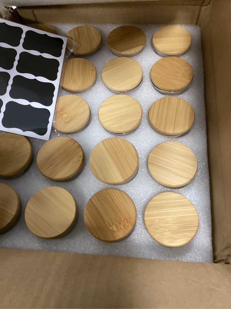 Condition photo showing New/Like New for 20 pcs glass spice jars with airtight bamboo lids, labels and pen, 2.5oz mini clear food storage containers for the pantry, kitchen canisters for tea, herbs, sugar, salt, coffee and more