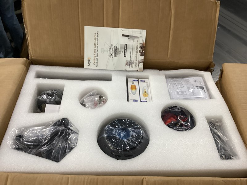 Condition photo showing New/Like New for asyko crystal ceiling fan fandelier with lights - modern outdoor fans with remote control?noiseless ac motor, retro/farmhouse lighting, dining room? living room (52" black-52in