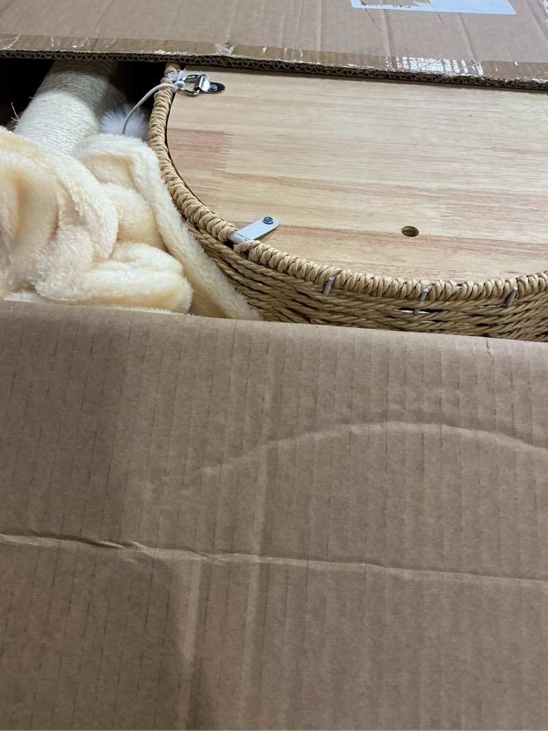 Condition photo showing Good Condition for wooden cat tree for indoor cats, 62-inch tall cat tower with scratching post for large cats, solid wood cat condo with handwoven basket, modern cat tree tower with hammock, easy to clean