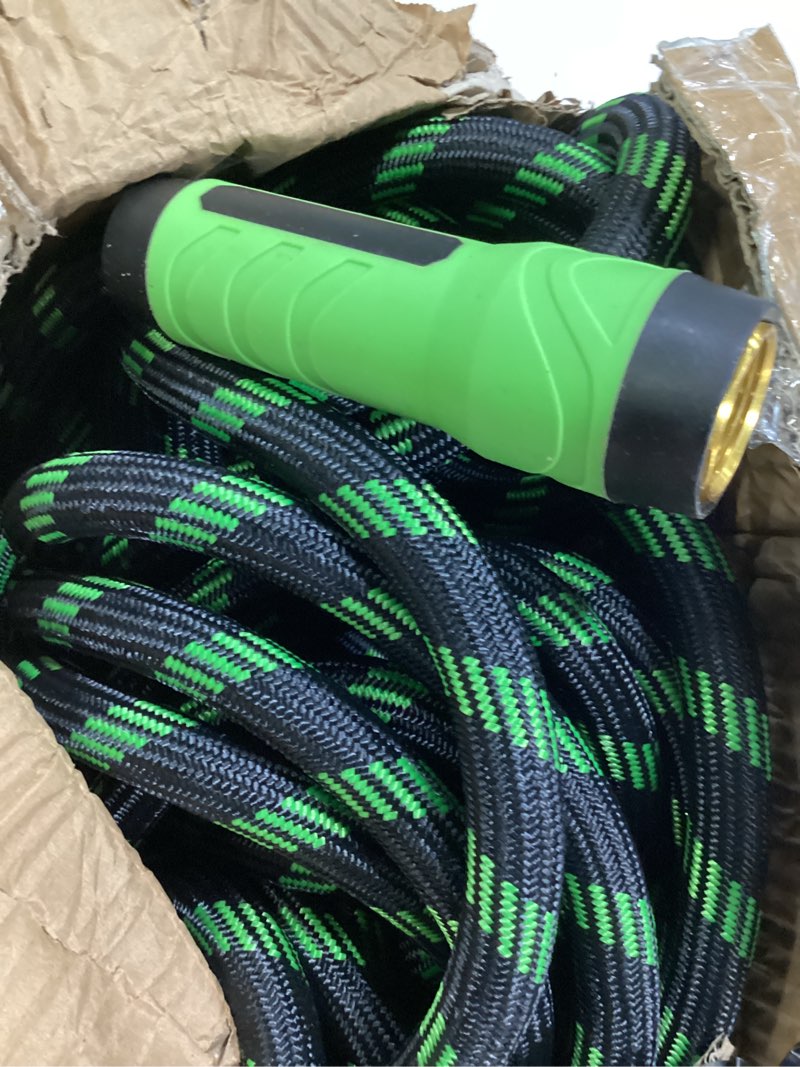 Condition photo showing Good Condition for non-expandable garden hose 75 ft, heavy duty steel metal flexible water hose with 10-function spray nozzle, durable fabric skin, no kinks & leak-proof with upgraded handle 75ft