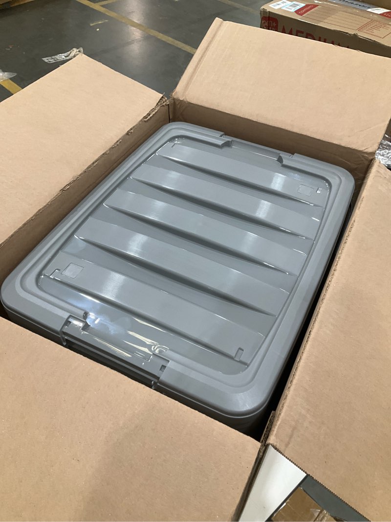 Condition photo showing Good Condition for amazon basics plastic storage containers with secure latching lids, stackable organization bins, clear/grey, 32 quart, set of 6 32 qt. - 6 pack