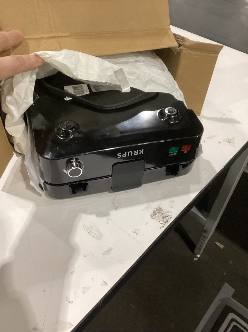 Condition photo showing As Is for KRUPS 4-Slice Belgian Waffle Maker: Stainless Steel, 5 Browning Levels, Audible Ready Beep, Removable Plates, 1200W, Silver/Black, Large Waffle Maker Family Size, Great for Family Breakfasts