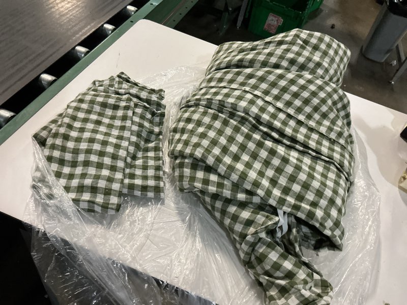 Condition photo showing Good Condition for european linen gingham duvet cover set, full/queen, olive