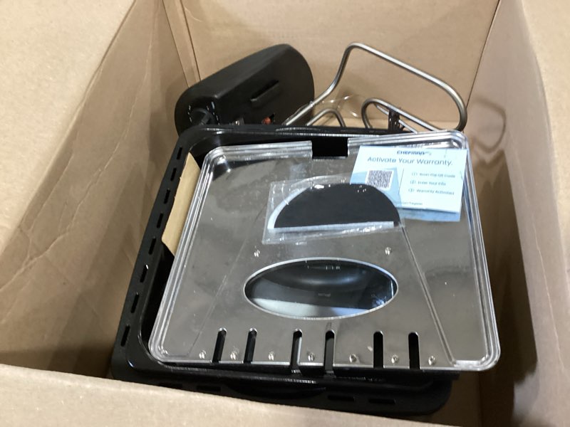 Condition photo showing As Is for chefman 4.5 liter deep fryer w/basket strainer, xl jumbo size, adjustable temperature & timer, perfect for fried chicken, shrimp, french fries, chips & more, removable oil-container, stainless steel large