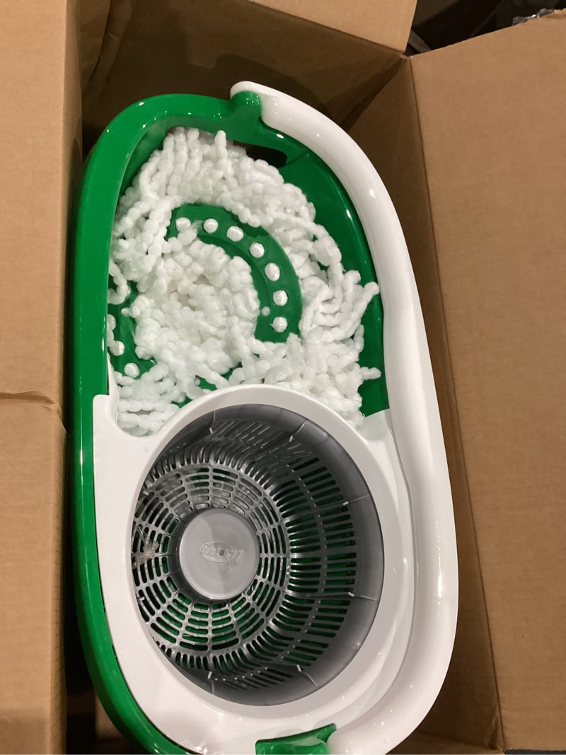 Condition photo showing As Is for libman tornado spin mop system with 2 refill heads, microfiber spinning mop and bucket with wringer set for home, floor cleaning of hard-wood, laminate, tile, all surface cleaner, 3 total mop heads spin mop plus 2 refills