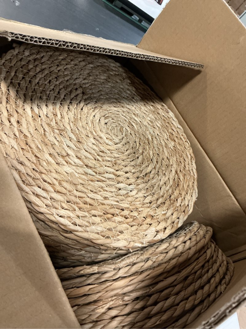 Condition photo showing Good Condition for set of 16 round woven rattan placemats, 12" boho farmhouse table mats natural cattail charger plates for dining table decor heat-resistant braided place mats
