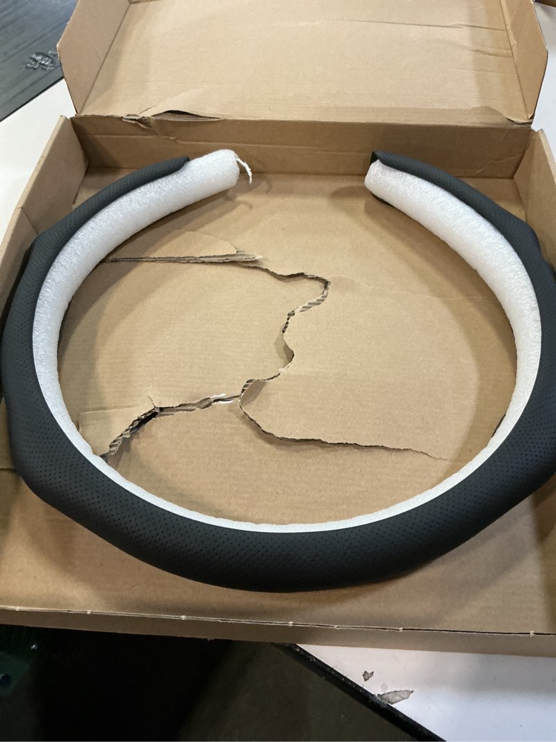Condition photo showing As Is for leather steering wheel cover luxurious, breathable, and anti-slip design - universal fit for 15.5-16 inch steering wheels - soft, comfortable grip for enhanced driving comfort and safety style a black