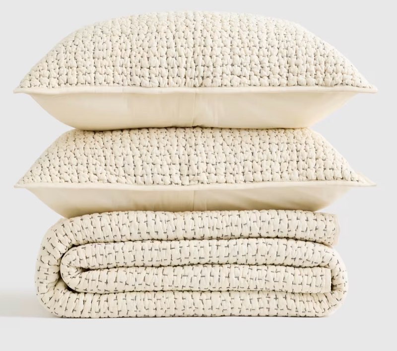 quince organic cotton hand stitched quilt set king undyed/blue