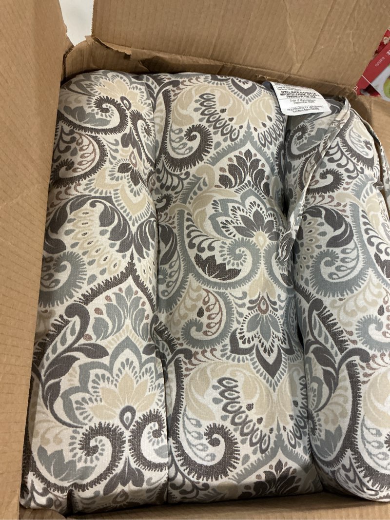 Condition photo showing As Is for arden indoor/outdoor rocking chair or wicker chair cushion, 20 x 18, water repellent, rain proof, fade resistant cushion for rocking or rounded back chair neutral aurora damask