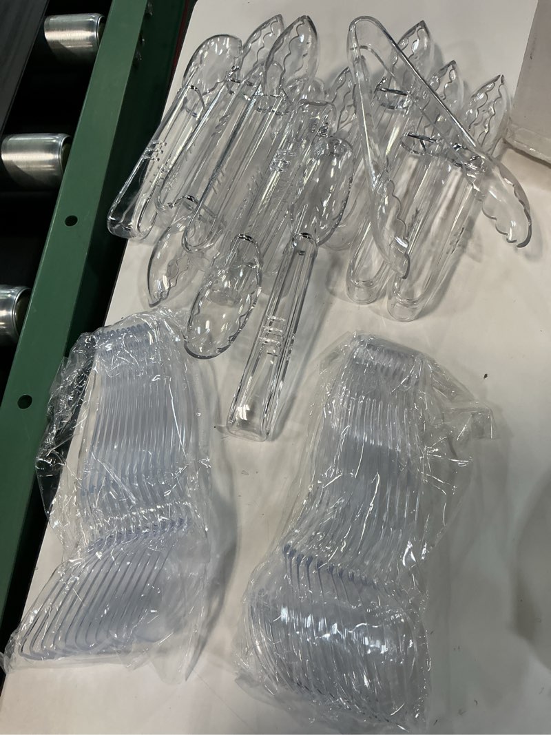 Condition photo showing New/Like New for 36pcs disposable plastic serving utensils set, 12 clear spoons, 12 forks, 12 tongs, 9-inch for party buffet catering events, heavy duty and ergonomic design transparent 36