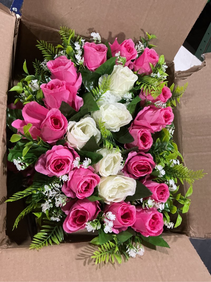 Condition photo showing Good Condition for lodou 2 sets artificial cemetery flowers, grave memorial flowers with ground spike,heart shaped wreaths rose flowers for artificial rose decoration for cemetery headstones gravesites (pink)