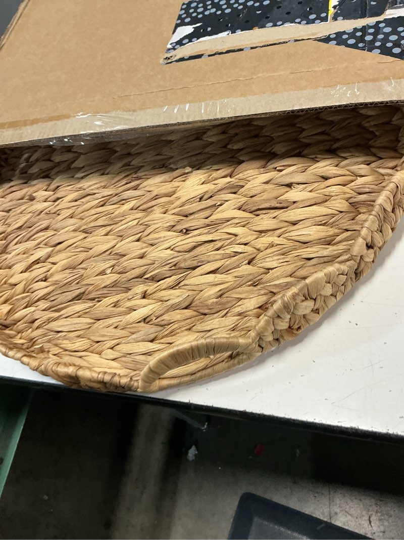 Condition photo showing Good Condition for extra large round ottoman table tray 19.7" with handles - handmade wicker serving hand woven tray for farmhouse decorative oversized coffee table trays living room kitchen counter breakfast scalloped 20" round-water hyacinth-wave