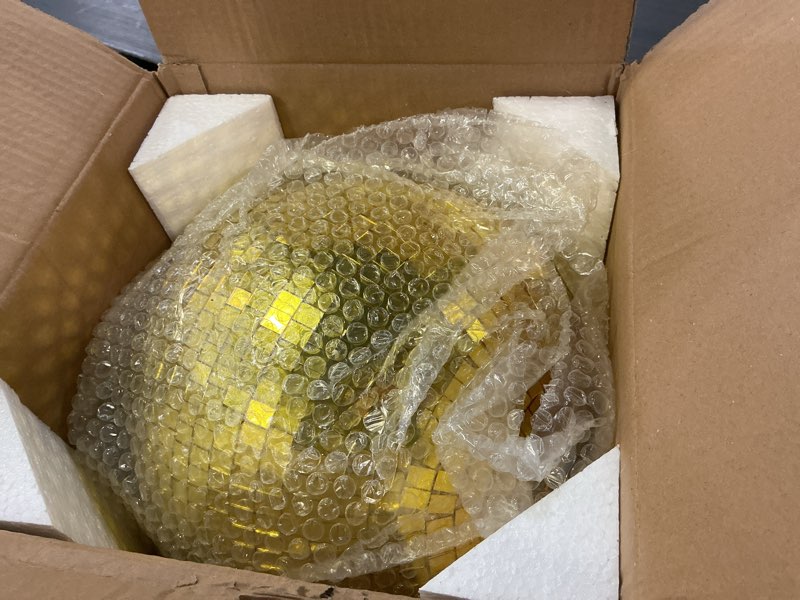 Condition photo showing Good Condition for 12-inch large disco ball with 20pcs replacement mirror, gold mirror ball disco ball decor for dj, club, parties, weddings, party events, gold large disco balls 12inch gold