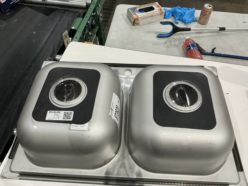 Condition photo showing As Is for elkay d233194 dayton equal double bowl drop-in stainless steel sink 33 x 19 x 6.5 33 x 19 x 6.5 4 faucet holes sink only