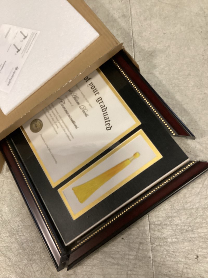 Condition photo showing As Is for upsimples 11x22 diploma frame with tassel holder for 8.5x11 certificate and 5x7 photo with black over gold mat, high definition glass, mahogany with gold beads, 1 pack mahogany 11x22
