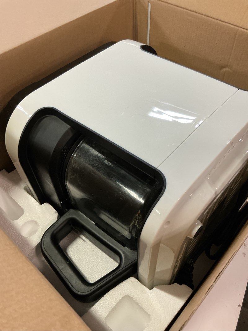 Condition photo showing As Is for nutrichef 5.8 quart air fryer | 8-1 preset cook modes | transparent fry bowl for best cooking results | cook shrimp, steak, fries, wings, chicken & more | precise temperature control & time | white