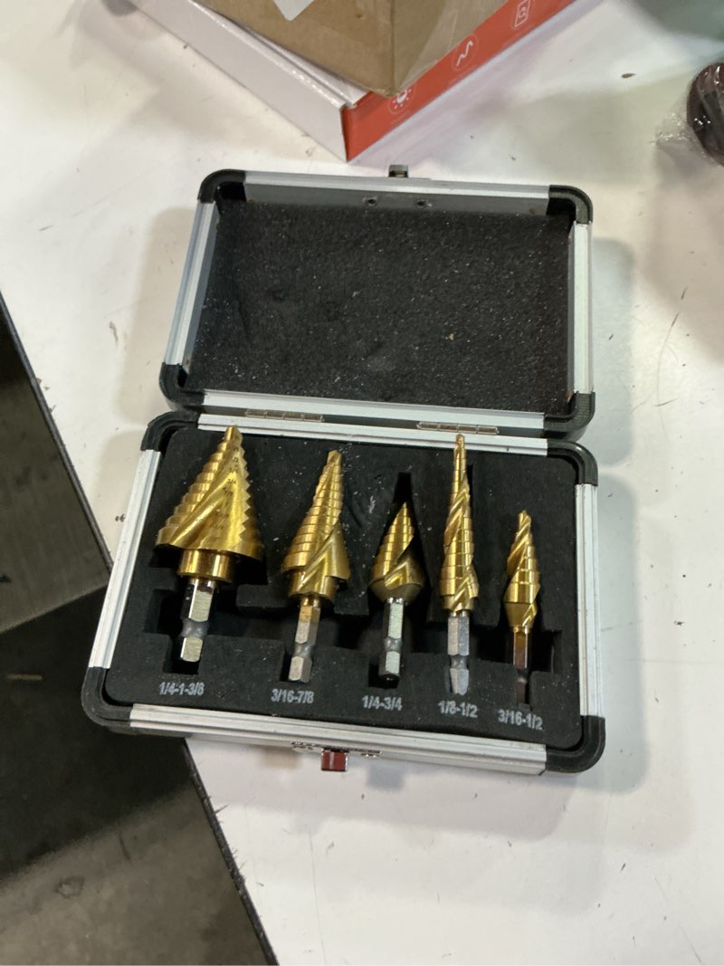 Condition photo showing Good Condition for step drill bits, 5pcs spiral grooved hss titanium step drill bit set, 50 sizes high speed steel step bits for metal with aluminum case spiral 5 pcs