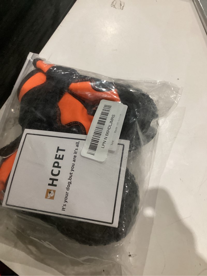 Condition photo showing Good Condition for hcpet dog shoes, dog boots for large dogs, waterproof dog booties paw protector for summer hot pavement, winter snowy day, outdoor walking, indoor hardfloors anti slip sole orange size 8 orange-reflective #8 (width 2.95 inch) for 74-91 lbs