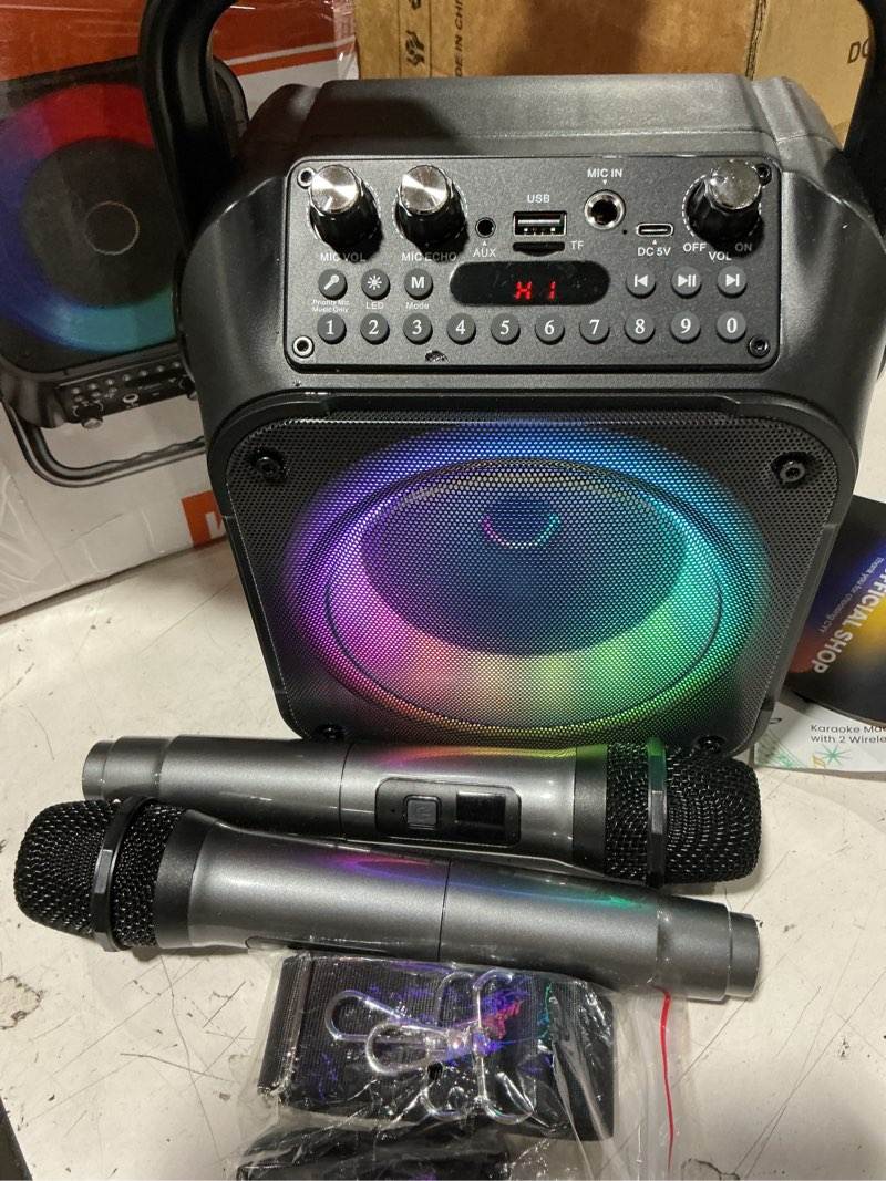 Condition photo showing As Is for karaoke machine, portable bluetooth speaker with 2 wireless microphones for adults & kids with lights, karaoke microphone with pa system supports usb/tf/rec/fm/aux for home party home system packages 2 mics