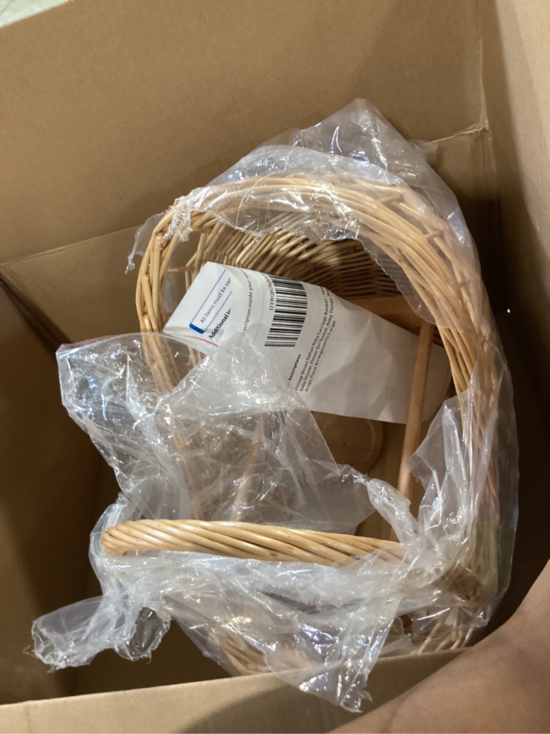 Condition photo showing Good Condition for vintage woven rattan baby carriage basket – handcrafted wicker stroller for baby shower, flower girl basket, baby things, rustic home decor, photography props, floral arrangements (large)