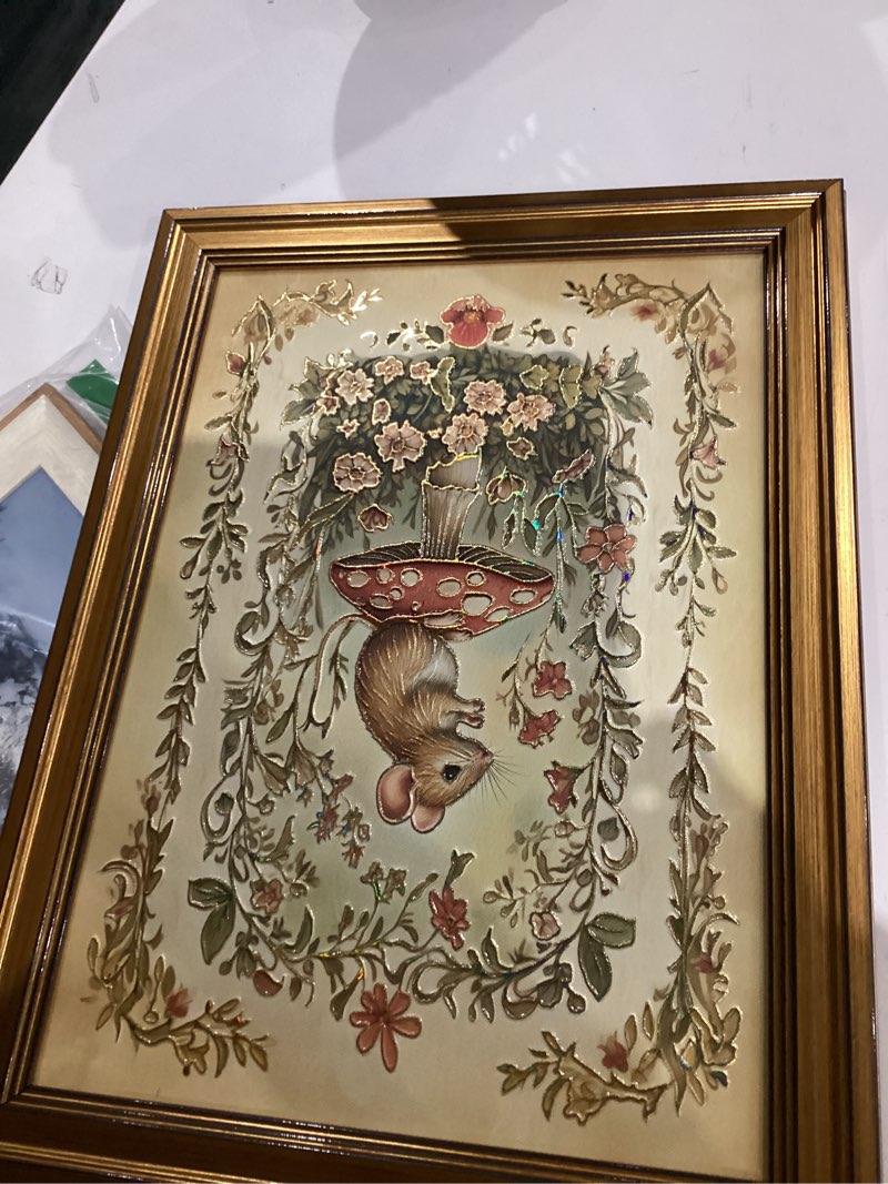 Condition photo showing Good Condition for insimsea gold framed canvas prints wall art, 3d embossed vintage decor, woodland mouse on mushroom aesthetic paintings, farmhouse wall decor for bedroom living room bathroom shelf, 12x16inch mushroom house 16"l x 12"w