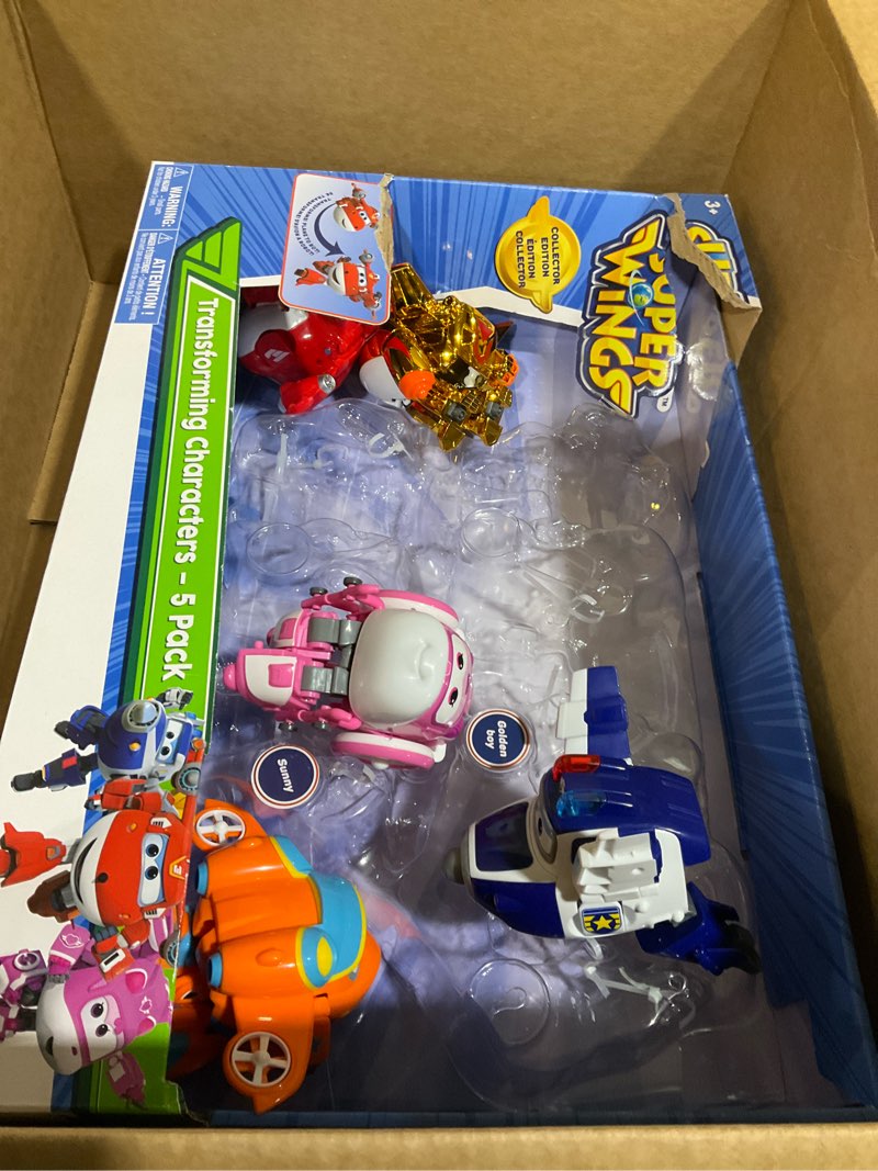 Condition photo showing As Is for super wings 5" transforming toys 5-pack, supercharged jett, supercharged paul, supercharged dizzy, golden boy & sunny airplane toys action figures, preschool toy plane for 3 4 5 year old kids