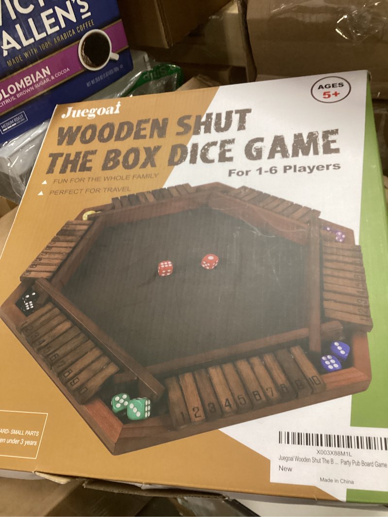 Condition photo showing New/Like New for Juegoal Wooden Shut The Box Dice Game for 1-6 Players, Upgrade Tabletop Board Game with 12 Dice for Kids Adults Families, Classics Travel Portable Classroom Home Party Pub Board Game Sets