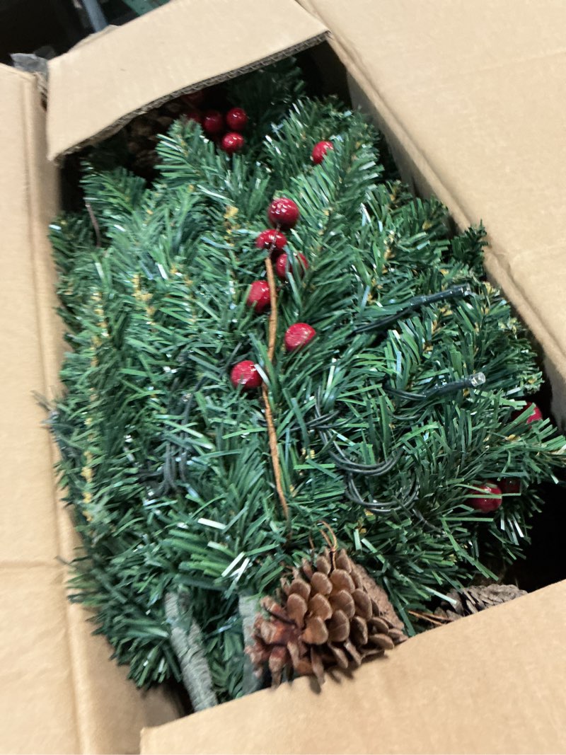 Condition photo showing Good Condition for 4ft pre-lit christmas tree,artificial pine 300 pvc branches tips with 20 red berries & 20 pinecone & 100 led lights & burlap wrapped base decor xmas tree green 4ft
