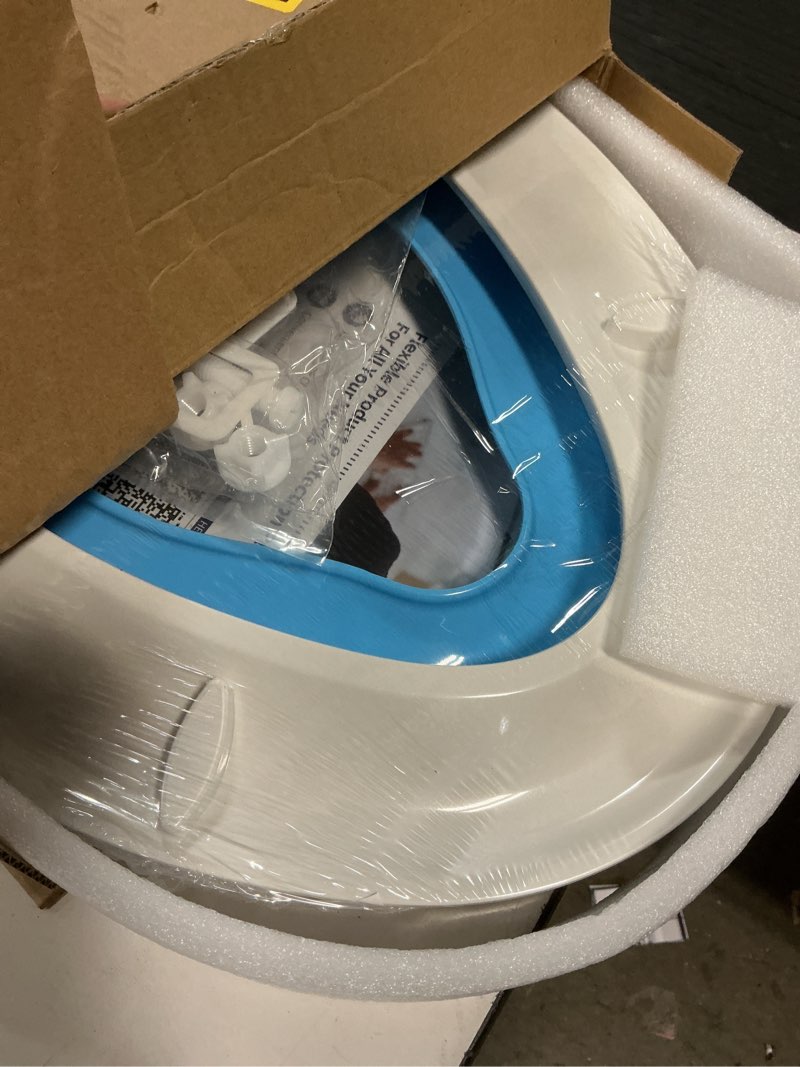 Condition photo showing Good Condition for 19" elongated potty training toilet seat, built-in soft quiet-close lid with magnetic blue kids seat and non-slip design, easy to install and clean elongated (19?) blue, with toddler seat