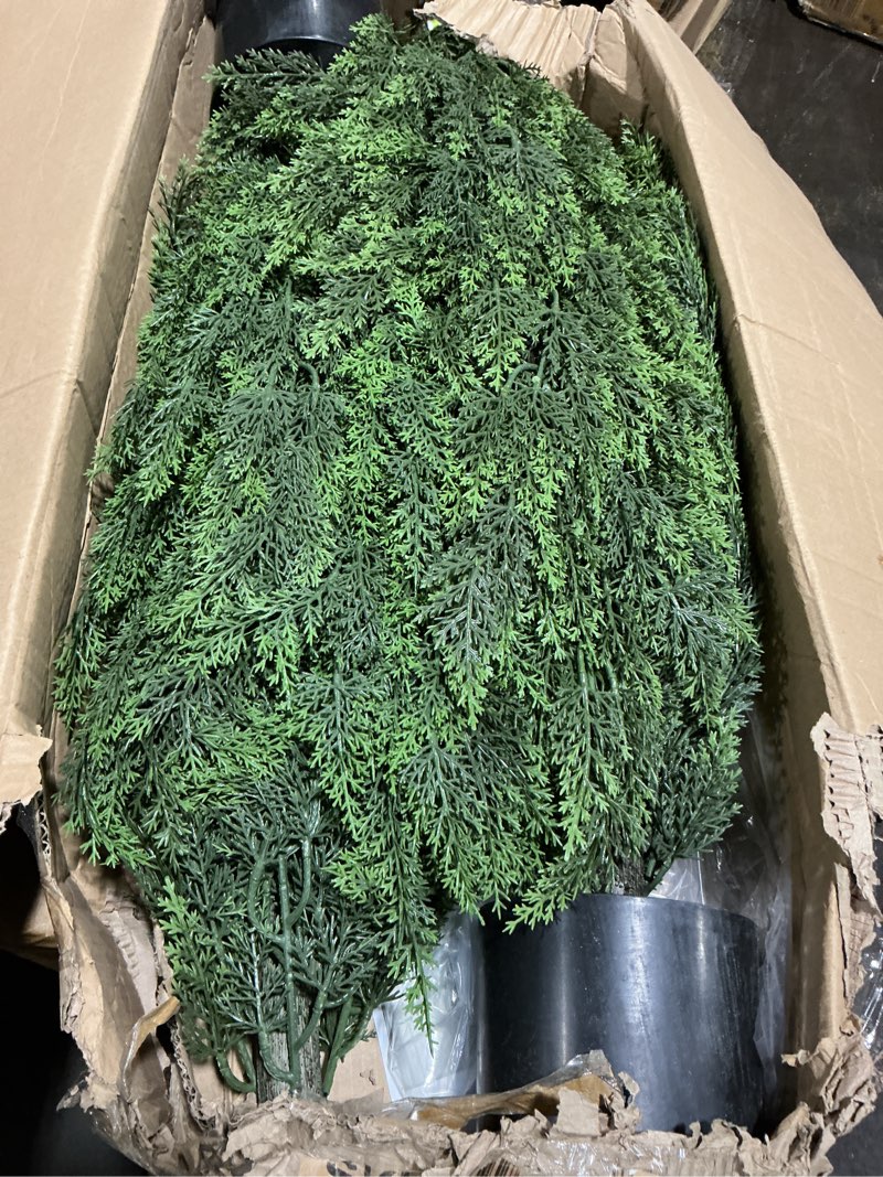 Condition photo showing Good Condition for vivatrees 4ft artificial cedar topiary trees with rustic barrel planter, outdoor indoor realistic faux pine shrubs plants, fake cypress trees for home offices porch decor, set of 2 4ft brown