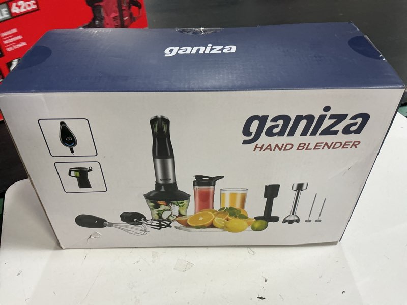 Condition photo showing New/Like New for ganiza immersion blender, max 1200w heavy duty hand blender with time display & variable speed trigger, 9-in-1 electric handheld mixer with chopper whisk frother beaker ideal for soup puree smoothies