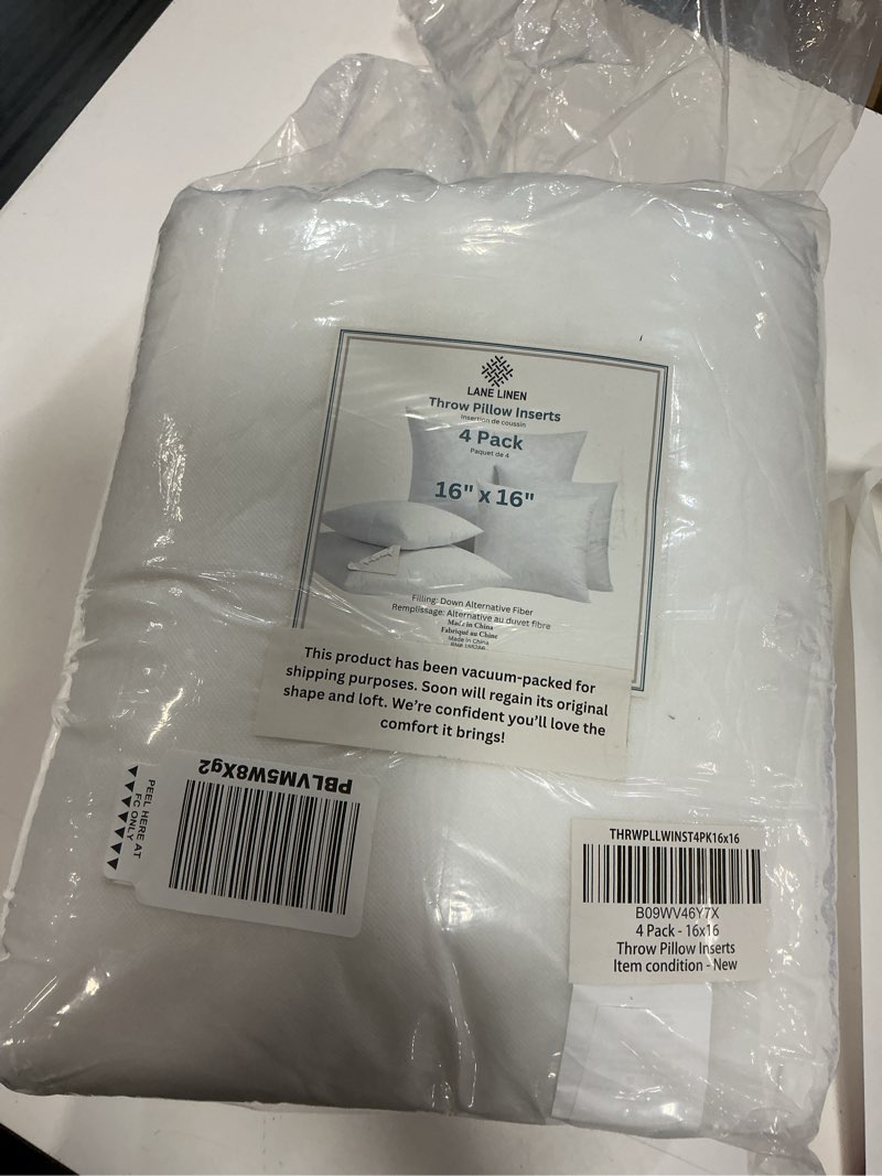 Condition photo showing New/Like New for lane linen 16x16 throw pillow insert - set of 4 white inserts for decorative pillow covers for bed, decorative pillows for bed, couch pillows, throw pillows for couch 16" x 16" 01: white