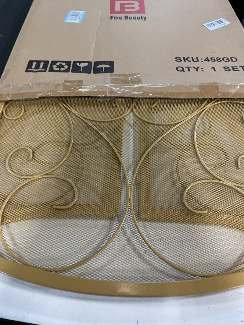 Condition photo showing Good Condition for Fire Beauty Fireplace Screen 3 Panel Wrought Iron Metal 48"(L) x30(H) Spark Guard Cover(Golden Dusting)
