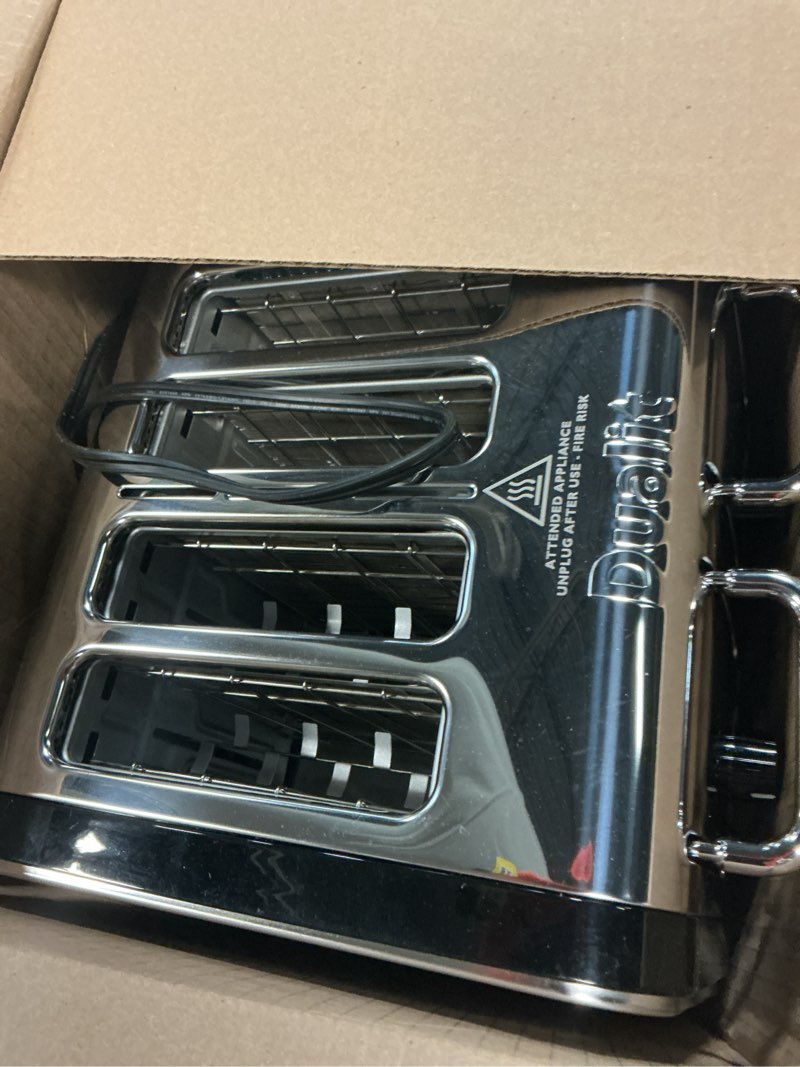 Condition photo showing As Is for Dualit Design Series 4 Slice Toaster | Polished Stainless Steel with Black Trim | Extra-Wide Slots –