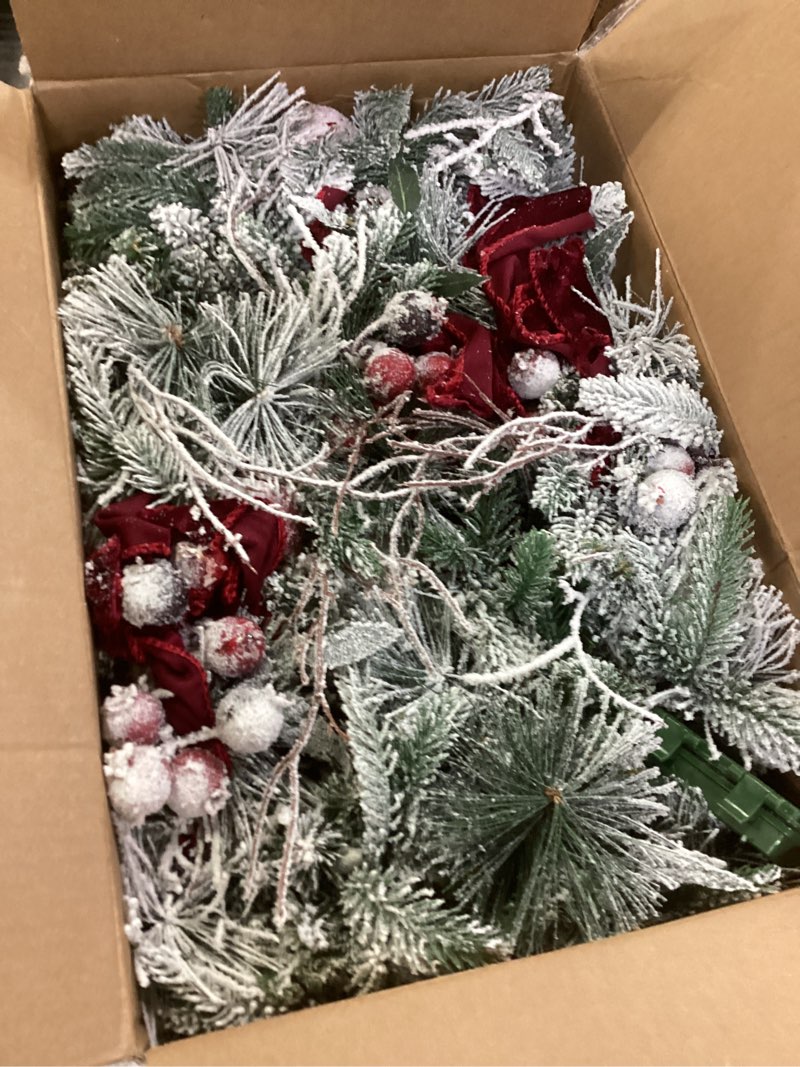 Condition photo showing Good Condition for 9ft Pre-lit Flocked Christmas Garland with Red Balls, Berries and and 50 Battery Operated Soft White LED Lights with Timer,Artificial Holiday Decoration Door Outdoor