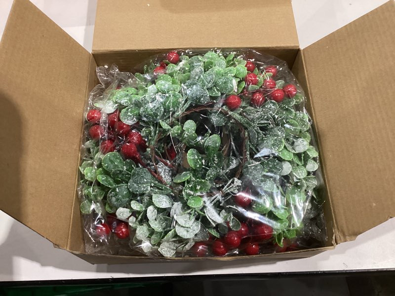 Condition photo showing New/Like New for 6 Pieces 9" Mini Christmas Wreaths for Kitchen Cabinet Small Christmas Candle Rings Eucalyptus Wreath Pillar Candle Rings Table Centerpieces Hanging Garlands for Front Door Window Decor (Red Berry)