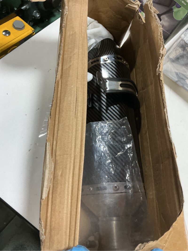 Condition photo showing As Is for exhaust muffler carbon fiber 1.5-2"inlet with removable db killer for street/sport motorcycles and scooters with 38-51mm diameter exhaust pipes