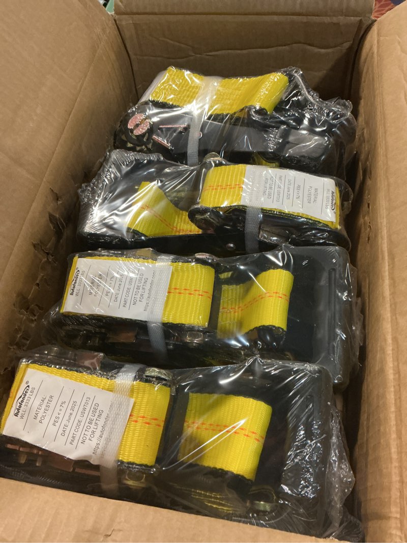 Condition photo showing New/Like New for Car Tie Down Straps for Trailers 2inch x10ft - J Hooks with Safety Clips(10,000 Lbs Break Strength)-4 Pack Heavy Duty Vehicle Hauler Strap Tire Ratchet Straps with Axle Straps for Truck Utv Trailer