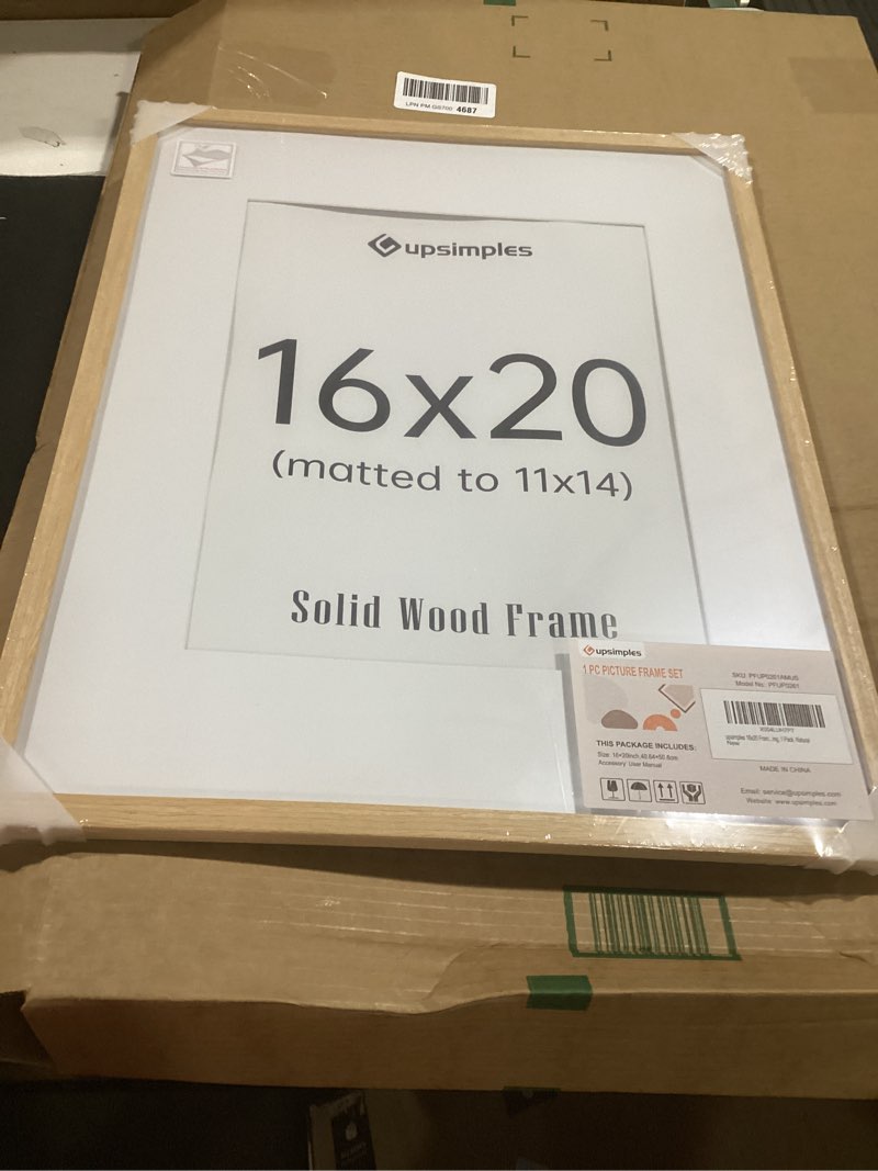 Condition photo showing New/Like New for upsimples 16x20 frames, natural solid wooden picture frames, display 11x14 with mat or 16 x 20 without, vertical or horizontal wall hanging, 1 pack, natural natural 16x20