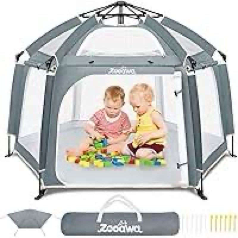 HOMGEN Baby Playpen with Canopy - 56"x40" Size Foldable Play Yard with Mat & UPF50 Sunshade- Portabl