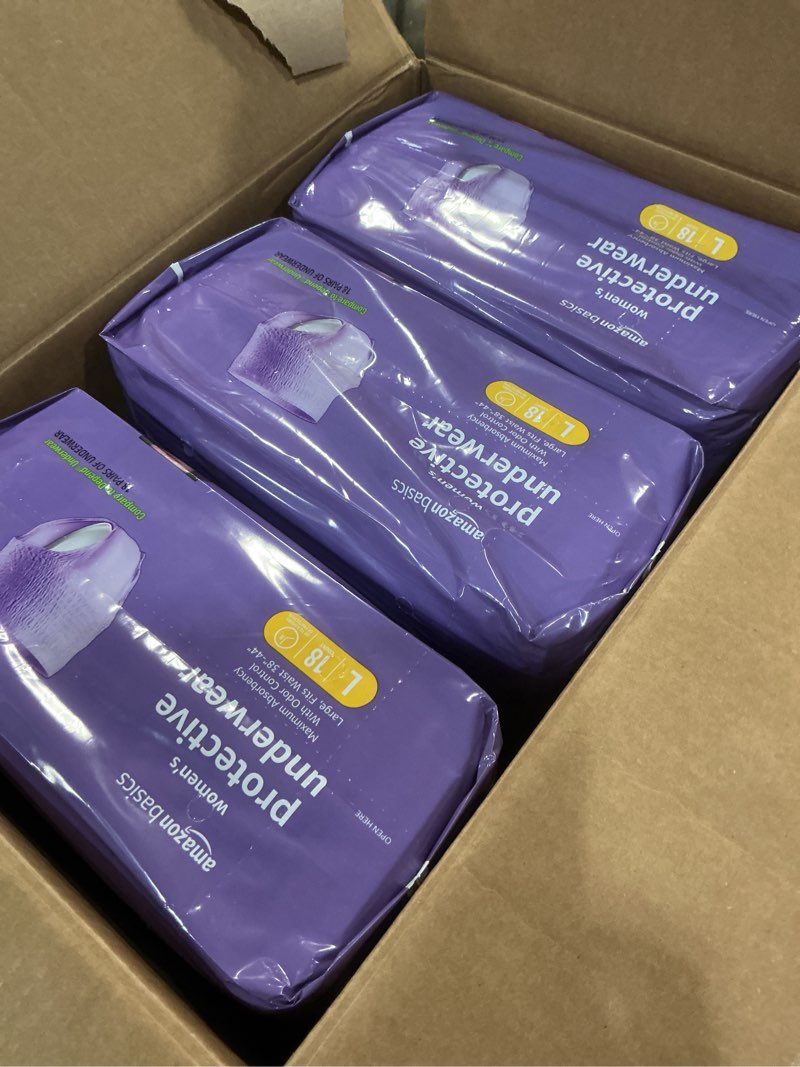 Condition photo showing New/Like New for (size :l)amazon basics maximum absorbency incontinence underwear for women, disposable postpartum, bladder leak protection, odor control, soft, medium, lavender, 60 count (3 packs of 20) medium 60.0